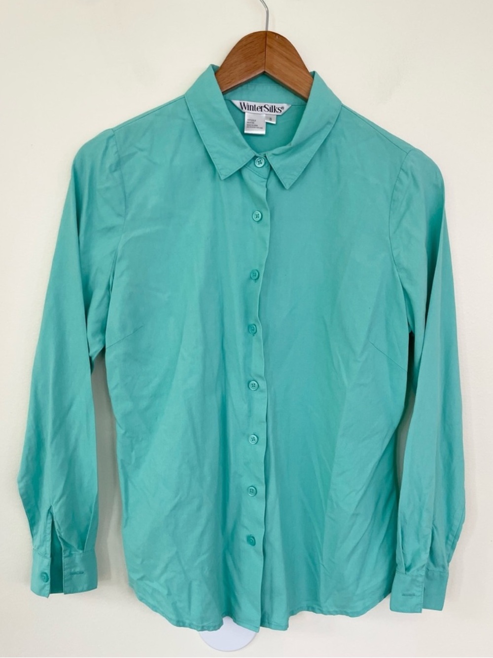 WinterSilks 100% Silk Turquoise Long Sleeve Button Down Shirt, Size Small